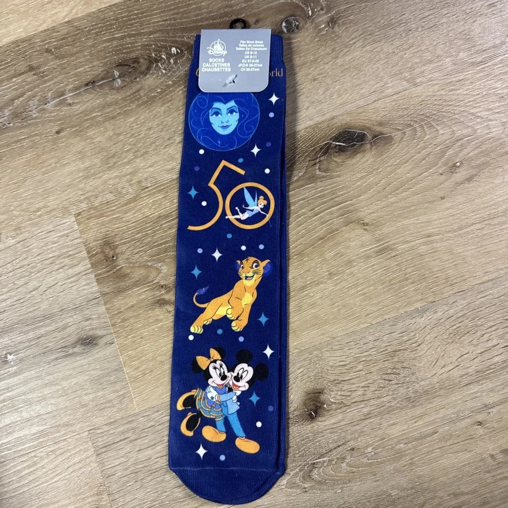 Walt Disney World Parks 50th Anniversary Pair Blue Socks Characters US 6-12 NEW